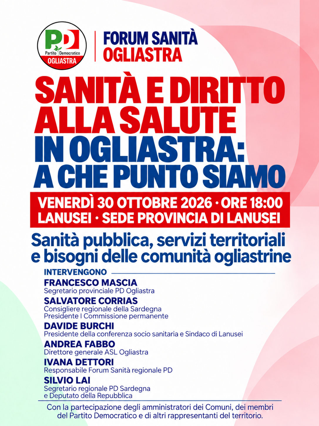 Forum Sanità: il 30 ottobre a Lanusei il primo appuntamento dei Forum tematici del PD Ogliastra